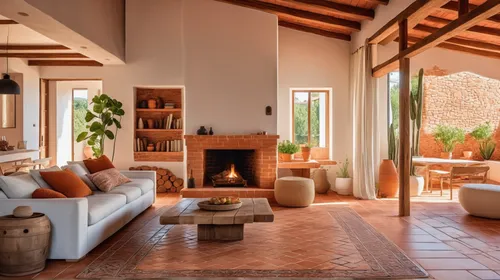 Modern Spanish Interior Design, Living Room, warm terracotta tiles, bright mosaic backsplashes, rustic wooden beams,fire place,fireplaces,provencal life,moroccan pattern,home interior,spanish tile,cab