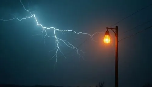 электричество и лампа,a lightening strike in the night sky with a lamp post and an orange light,lightning storm,electricity pylon,high-voltage power lines,lightning strike,lightning bolt,electrifying,