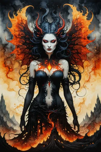 beautiful DEMON QUEEN LILITH, big stunning chest, with flame wings hovering over a detailed beautiful hell landscape, multi exposure, sumi-e ferrofluid ink drawing, color splatter,fire angel,fire sire