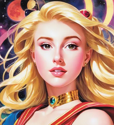 blonde, Sailor Moon-style, comic book, Japanese, colourful, dramatic, Alex Ross,zodiac sign libra,fantasy portrait,andromeda,fantasy woman,callisto,zodiac sign gemini,zodiac sign leo,horoscope libra,r
