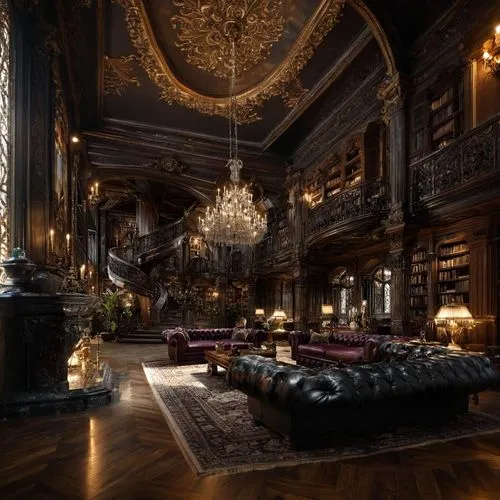a large room with couches, chandeliers and a bookshelf,ornate room,opulently,opulence,opulent,great room,bedchamber,baroque,royal interior,living room,palatial,ornate,luxury home interior,interiors,re