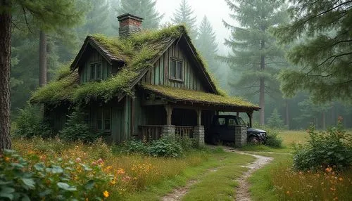 Old Green planty house in forest, flowers are blooming,  pine-tree,  planty house style, including a jeep car in garage. ,green and brown house with a grass roof next to trees,house in the forest,lone