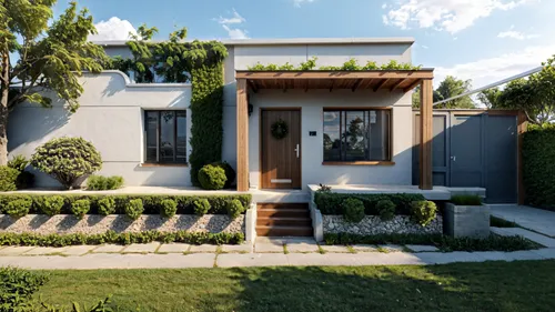 a modern house with an attractive garden design,garden elevation,exterior decoration,landscaped,modern house,mid century house,geometric style,beautiful home,rosewood,house shape,bungalows,bungalow,co