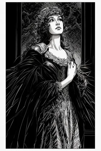 ((COMIC ART|2010 Comic Style|fine lineart), ((NO TEXT))).

atmospheric,
neo classical, classical, opera, symphonic metal,a black and white drawing of a lady in gown,black angel,ceremonials,dark angel,