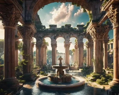 Ancient Roman Empire architecture, grandeur, historic, marble columns, ornate carvings, arches, domes, intricate mosaics, red rooftiles, stone pathways, sprawling gardens, fountains, statues of gods, 