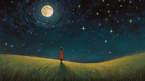 midnight,Beautiful moonlight, in huge grass field, A soft wind blows, girl standing at a distance looking at the starry sky, 1 girl,the moon and the stars,falling star,dreams catcher,starry night,fall