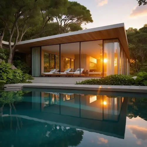 Enhance the image with an amorous morning scene where the golden hues of the sunrise reflect in the transparent windows and rippling water. Ensure natural colors, soft focus, and realistic reflections