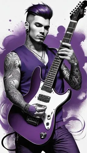 Create a guy, tattoo design, purple, black and white.  Playing a lead guitar. ,guitarist,painted guitar,guiterrez,electric guitar,guitar,guitare,guitar player,the guitar,guitarra,derivable,synyster,gu