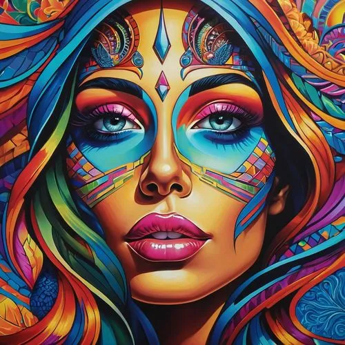 "Abstract Woman" A vibrant painting of a woman's face with a brightly colored background, inspired by Dan Mumford and Chris Dyer. The image is UHD, 3D, and features psychedelic tableaux, close-up deta