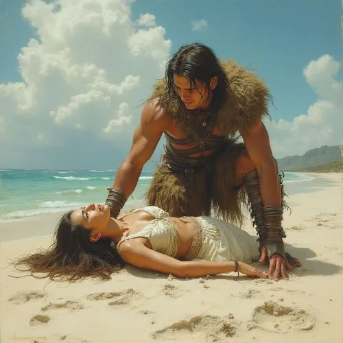 a woman lying on top of a sandy beach next to a man,palaeolithic,fantasy picture,romantic scene,warrior woman,stone age,she feeds the lion,fantasy art,man and wife,romancing,menage,shamans,man and wom