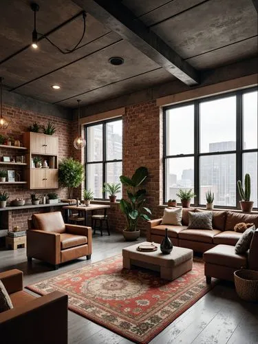 An industrial-style studio apartment. Exposed brick walls, raw concrete ceilings, and black metal accents define the space. The open layout includes a compact kitchen with reclaimed wood cabinets, a d
