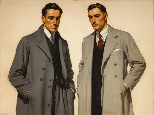 An image of a grey coat worn over the shoulder, black suit worn by an italian man underneath,wright brothers,gentleman icons,saurer-hess,two people,1926,1929,businessmen,1920s,twenties of the twentiet