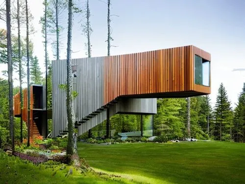 architecture, cantilevered house, overhanging, wood siding, forest,cubic house,house in the forest,timber house,cube house,corten steel,inverted cottage,modern architecture,modern house,wooden house,t