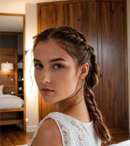 A portrait of a beautiful caucasian young woman with long brown hair and a braid, 21 years old, dressed in a white minidress with neckline, standing on her back with her head tilted backward, gazing o