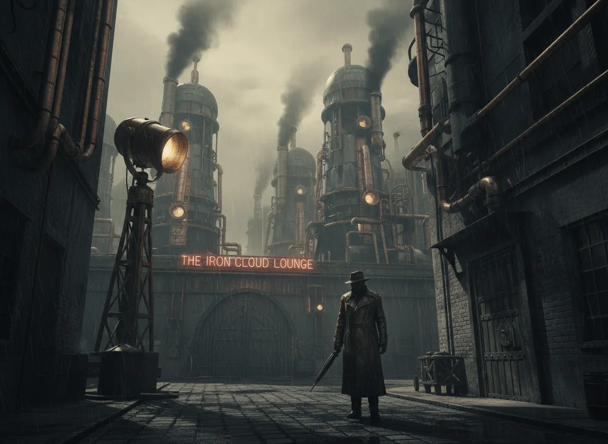 Eine KI-generierte Dieselpunk-Szene im Noir-Stil mit dramatischen Schatten und einer einsamen Figur im Trenchcoat.