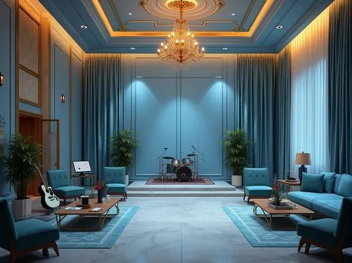 Powder blue music venue, luxurious atmosphere, high ceiling, grand chandelier, powder blue walls, golden accents, marble flooring, VIP lounge area, comfortable sofas, coffee tables, stage with spotlig