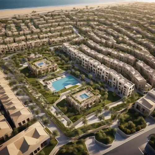 Imagine an aerial master plan unveiling the layout and design of an open-type urban housing development in Muscat, Oman, featuring low-rise townhouse units arranged in a spacious and interconnected la