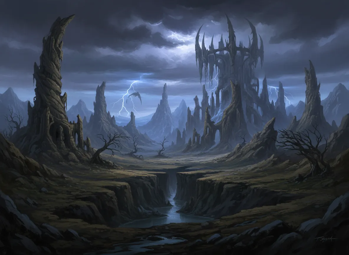 Un dipinto paesaggistico grandangolare di un vasto e desolato paesaggio fantasy con torri in rovina e un cielo scuro e minaccioso.