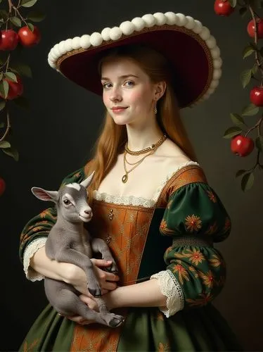 A portrait painting of a young woman in Renaissance dress, centered on a dark background with a slight halo. She has fair skin with a light peachy complexion, a smooth nose, a smooth chin without a cl