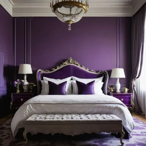 
an elegantly decorated purple bedroom, in the style of grisaille, monochromatic palettes, brian oldham, renaissance chiaroscuro, yiannis moralis, intricate detailing, ornate detailing,chambre,the pur