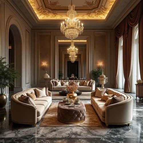 Luxury interior design, elegant and opulent living space, high-end furniture with plush fabrics, gold accents, and intricate detailing, spacious layout with a grand entrance, marble flooring, crystal 