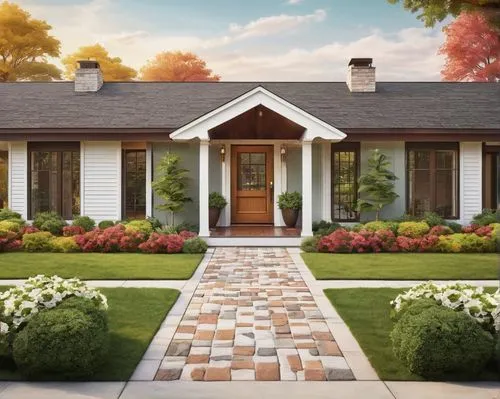 Retro 1960s suburban house, American classic, single-story, rectangular shape, low-pitched gable roof, white exterior walls, large windows with brown frames, sliding glass doors, wooden deck, green la