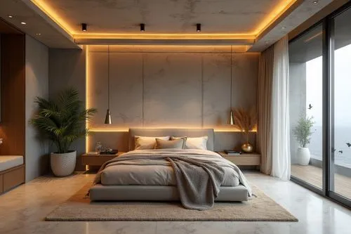 Modern luxury bedroom with a tranquil, cozy ambiance. The room features a textured concrete ceiling with recessed warm golden LED strip lighting along the edges, creating a soft, diffused glow that hi