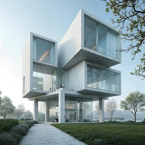 A bold, modular design that features cubic sections seemingly suspended in mid-air,a building with white walls and glass walls on the top level,prefab,kimmelman,cubic house,inmobiliaria,glass facade,p