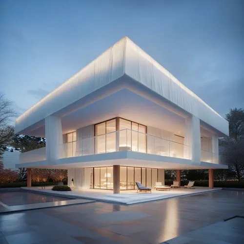 an ultra modern residence at dusk with minimal architecture,prefab,piramal,prefabricated,prodromal,prefabricated buildings,3d rendering