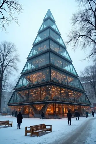 A sole building in a shape of christmas tree. holiday vibe decoration, festival, modernist, angular, geometric, tiered, glass-enclosed, multistory, open-concept, suspended balconies, grand atrium,a tr