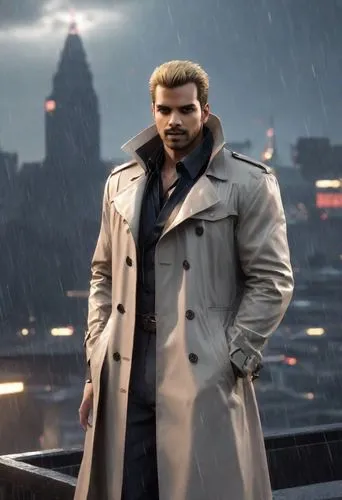 Albert Wesker from Resident Evil standing still on a dark rooftop in the rain. Wearing his iconic black tactical trench coat, slick with water, and golden-reddish tinted sunglasses. His slicked-back b