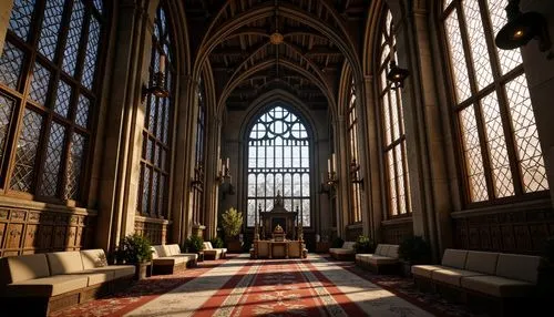 Grand Gothic cathedral, ornate stone walls, ribbed vaults, pointed arches, stunning stained glass windows, intricately carved wooden panels, luxurious velvet drapes, golden accents, mystical ambiance,
