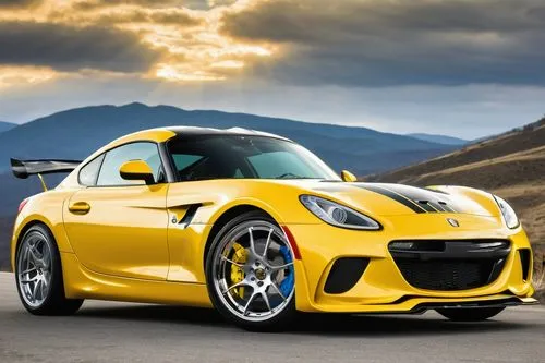 Vibrant yellow eggy car, shiny metallic paint, smooth rounded edges, big round headlights, smiling front grille, soft rubber tires, chrome door handles, sporty spoiler, racing stripes, driving on a su
