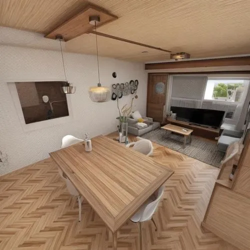 an artist's rendering of a living room with hard wood flooring,kitchen interior,modern room,kitchen-living room,modern kitchen interior,kitchen design,home interior,3d rendering,inverted cottage,apart