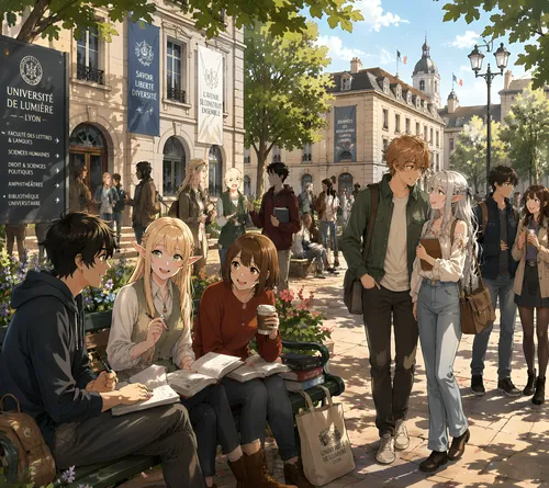 Manga style:

A slice-of-life scene on a French university campus where elves and humans mingle.
Some are sitting on a bench discussing their classes, while others walk along, talking about other topi