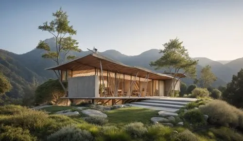  ,the exterior of a house sitting on top of a green hillside,house in mountains,house in the mountains,amanresorts,3d rendering,timber house,chalet,Photography,General,Realistic