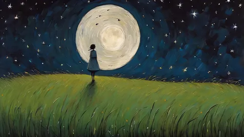 midnight,Beautiful moonlight, in huge grass field, A soft wind blows, girl standing at a distance looking at the starry sky, 1 girl,hanging moon,starry night,astronomer,moon and star background,dreams
