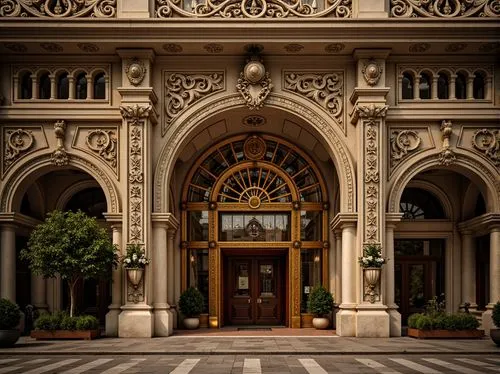Ornate commercial building, grandiose Baroque facade, intricately carved stone ornaments, sweeping arches, ornamental columns, gilded details, lavish decorations, imposing entrance, dramatic lighting,