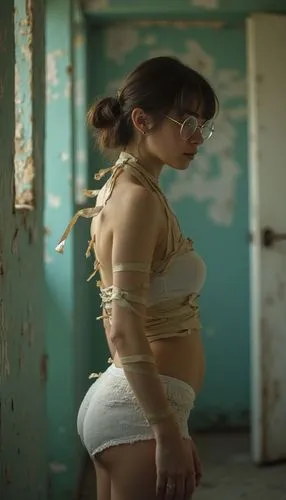 a young woman  is tightly wrapped in strips of paper, cutouts are made in the paper in place of her face, chest and stomach, her ass is visible in cotton panties, she is wearing round glasses, her lip