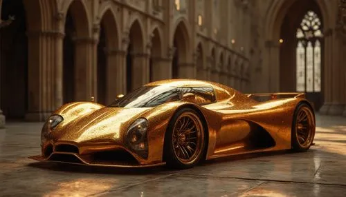 "Ultra-luxury gold supercar with flowing aerodynamic lines parked inside an ancient Gothic cathedral with warm ambient lighting and dramatic shadows.",a gold colored car on a tiled floor,gold lacquer,