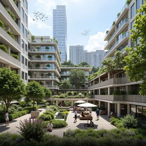 Sustainable eco-friendly buildings, green roofs, solar panels, wind turbines, water conservation systems, recycled materials, minimal carbon footprint, energy-efficient design, natural ventilation, ab