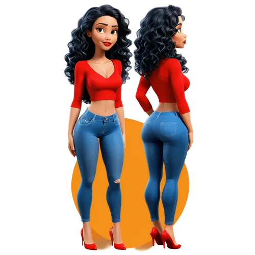 Create only high resolution images, pixar 3d, 4k, character sheet style, like a paper doll, A pose style. She must be wearing ripped denim leggings and a tight blue t-shirt with a deep collar. On her 