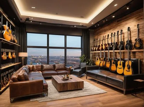 Modern guitar shop interior, luxurious atmosphere, wooden floor, dimmed lighting, spotlight on guitars, 3/4 composition, guitar display wall, glass shelves, leather sofas, metal music stands, soundpro
