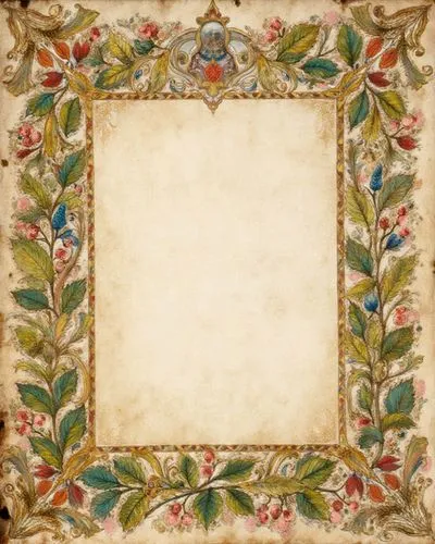 A vibrant hand-painted medieval page featuring a central large space, bordered by intricate arrangements of aged paper leaves, berries, and ornate flourishes, creating a delicate, organic frame.,a squ
