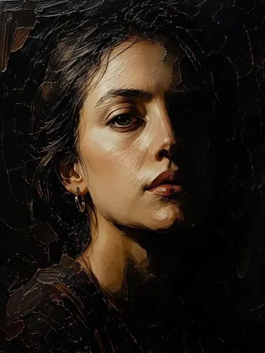  "Impasto oil painting, moody chiaroscuro portrait. A woman's face partially illuminated by a strong side light, casting deep shadows on one side. The light side is rendered with thick, raised impasto