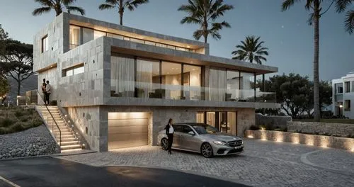a car is parked in front of a modern house,modern house,luxury home,luxury property,dunes house,modern architecture,luxury real estate,smart house,driveways,oceanfront,modern style,contemporary,luxury