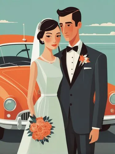 mid-century wedding couple illustration in 2D, by Gregg Rosen


,vintage couple silhouette,retro 1950's clip art,wedding car,vintage man and woman,wedding couple,just married,roaring twenties couple,w