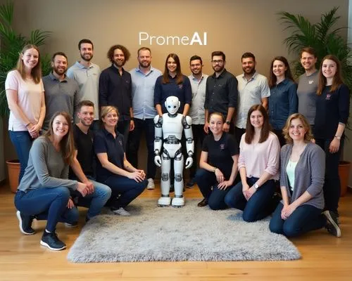 This is a photograph of a diverse group of 18 people, including both men and women, standing and kneeling in a casual office setting. The group is centered around a humanoid robot labeled "PromeAI." E