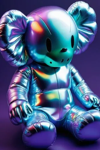 Create a minimal stuffed animal character, in style of Kaws Art,the metallic elephant is sitting on purple and blue background,soft robot,neon body painting,color rat,deco bunny,glowworm,rainbow rabbi
