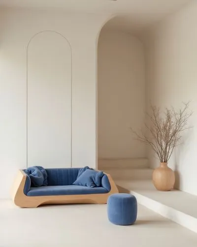 A tranquil and minimalist indoor design emphasizing organic forms and natural materials. The atmosphere is serene and spacious, featuring a neutral palette dominated by soft whites, warm beiges, and s